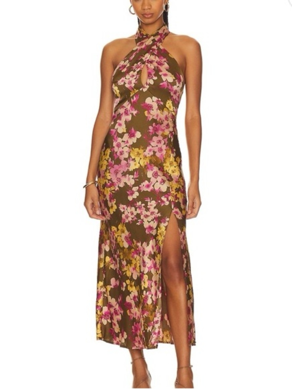 Astr Floral Olive Green Pink Halter Backless Midi Dress - Picture 2 of 14